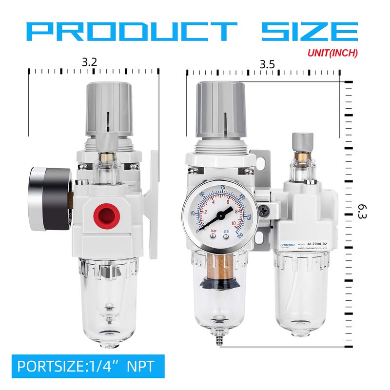 NANPU 1/4" NPT Compressed Air Filter Regulator Lubricator Combo Water/Oil Trap Separator - Gauge(0-150 psi), Poly Bowl, Semi-Auto Drain, Bracket - 3 in 1 Two Unit - Image 3